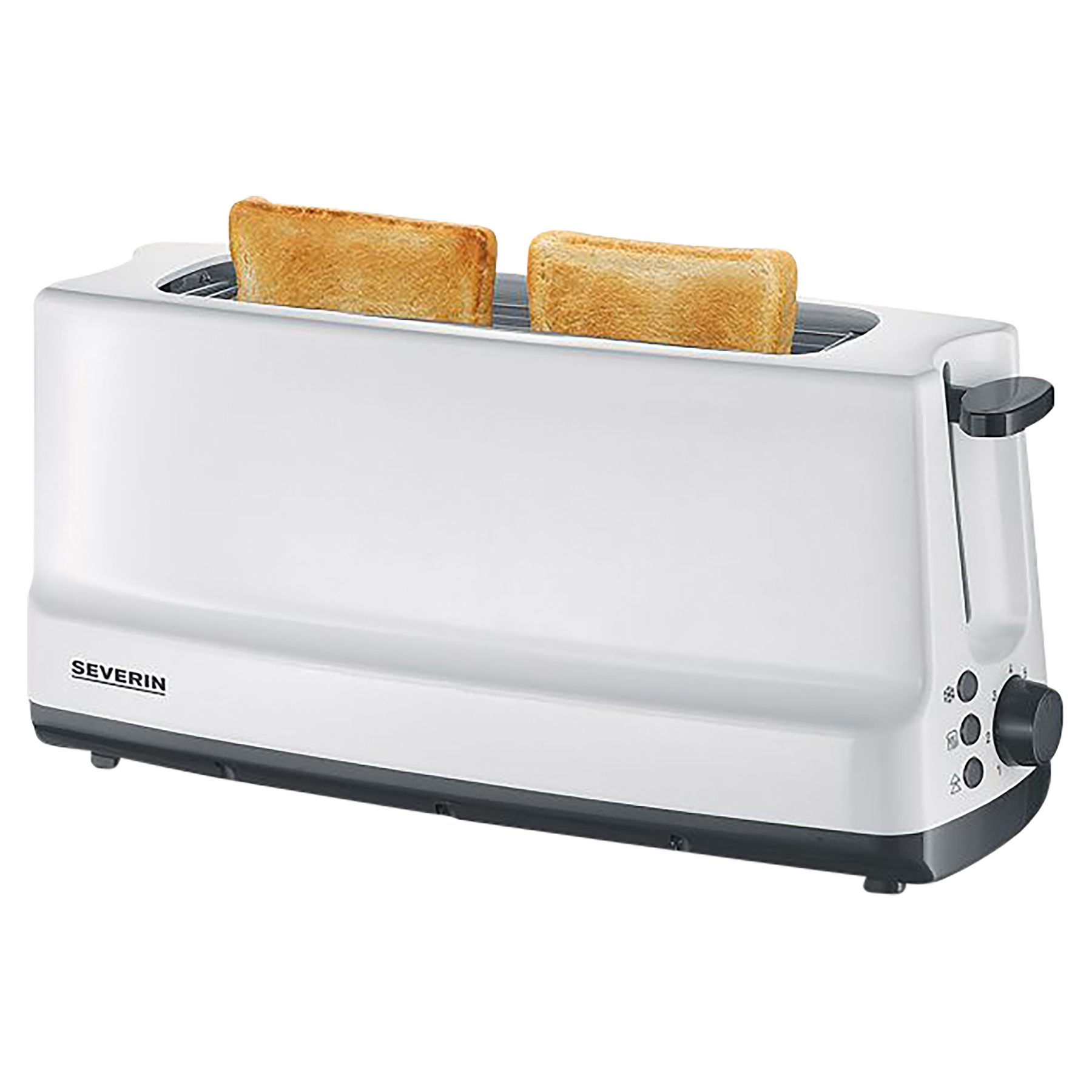 Biały toster z dwoma kromkami tostów. Widoczna jest nazwa marki 'Severin'.