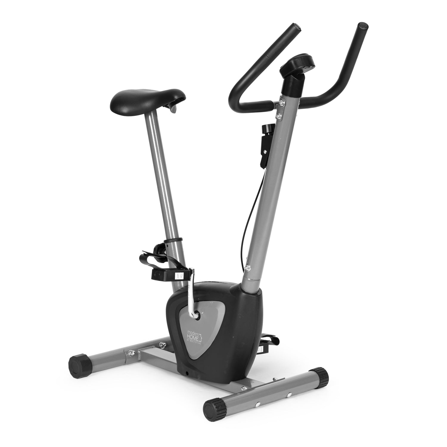 Una cyclette su sfondo bianco. Ha sella e manubrio neri e un telaio grigio.