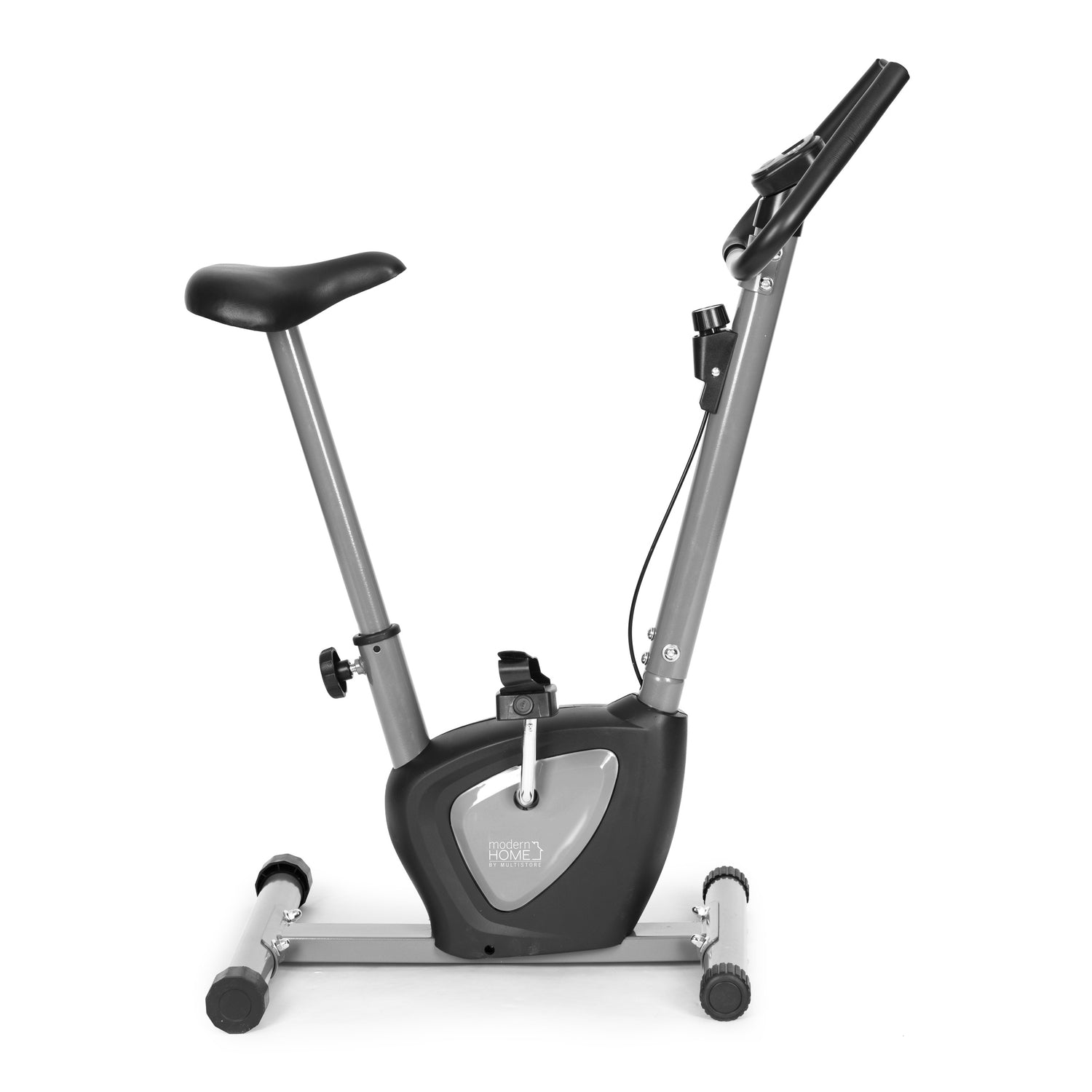 Bicicletta da palestra. Sella e manubrio neri. Telaio grigio. Sfondo bianco. Logo Modern Home.