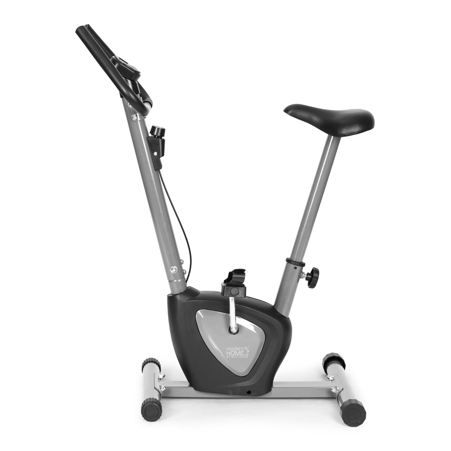 Una cyclette con sella e manubrio neri, telaio grigio e base nera. Lo sfondo è bianco.
