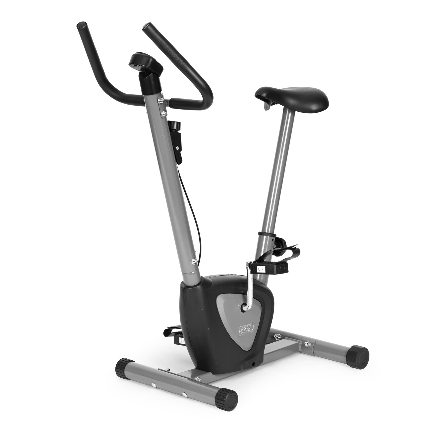 Una cyclette con sella, manubrio e pedali neri. Il telaio è grigio, con una console nera. Lo sfondo è bianco.