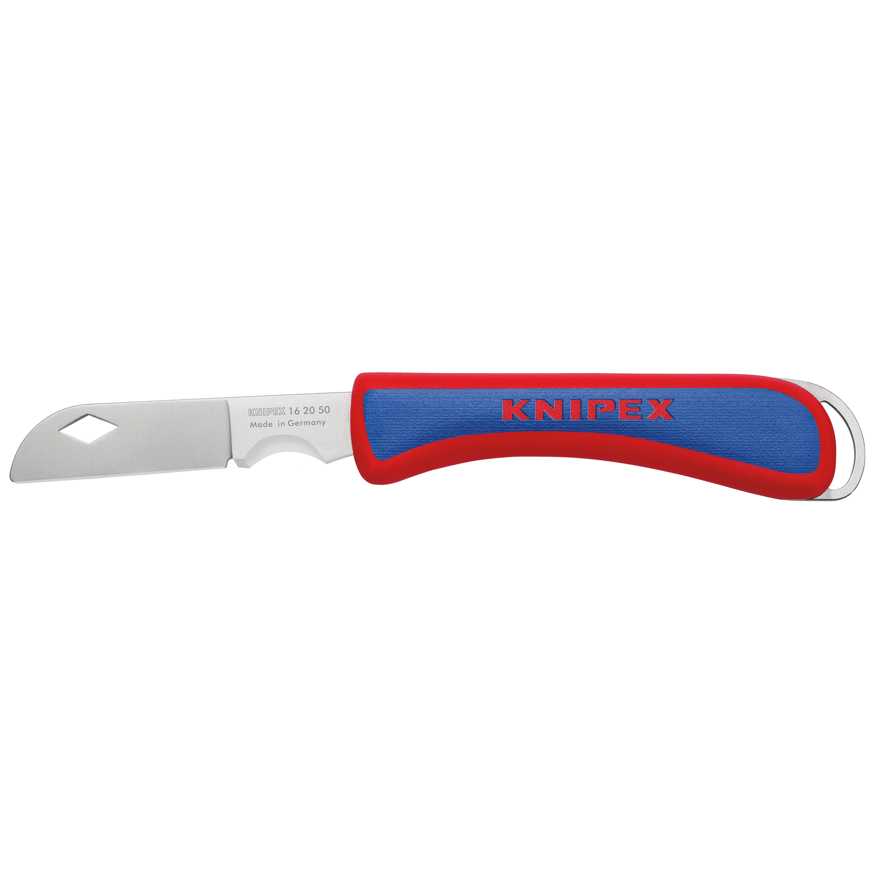 Un cuchillo con una hoja plateada y un mango rojo y azul. El mango tiene la palabra KNIPEX.