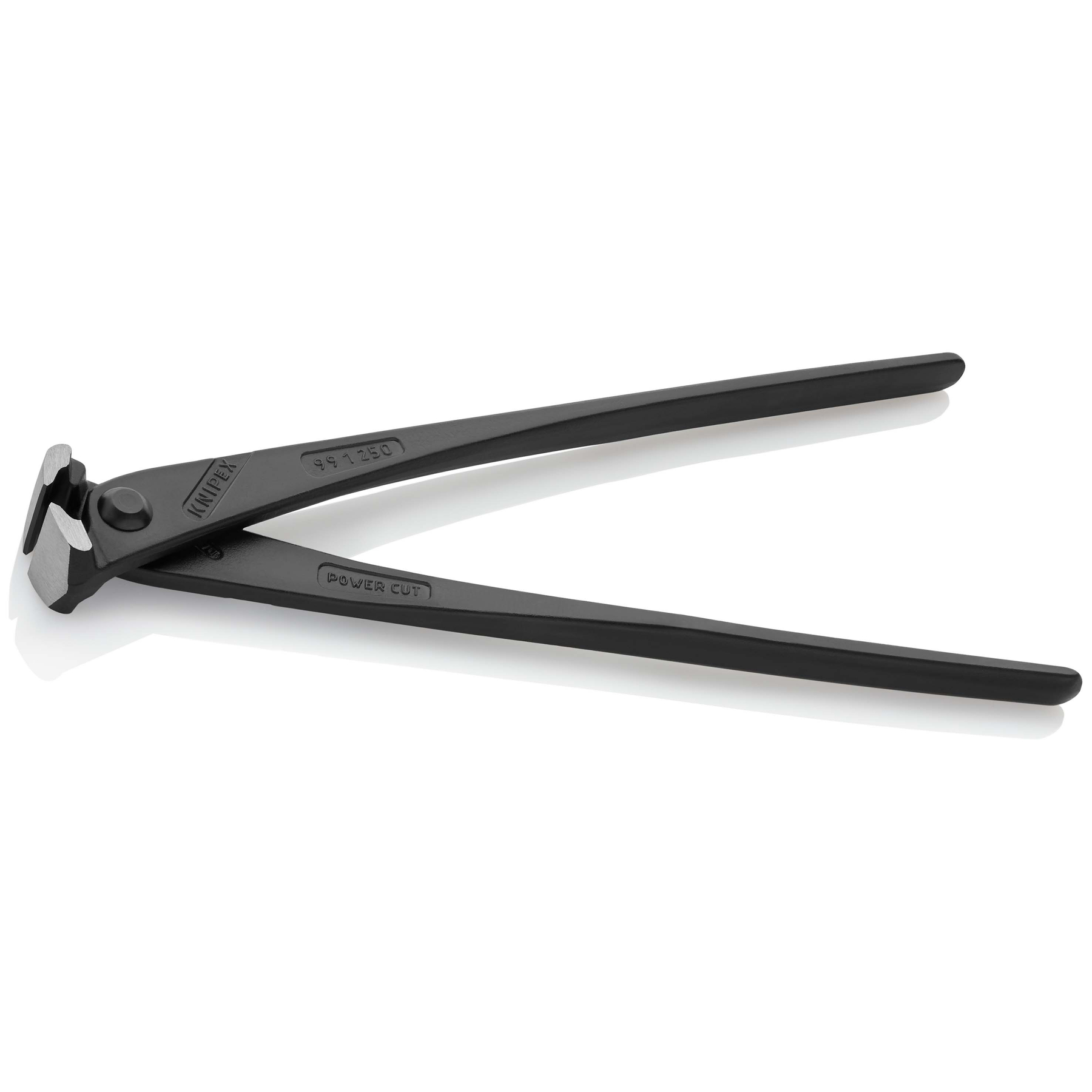 Schwarzer Knipex-Seitenschneider, Modell 99 1 250, liegt auf weißer Oberfläche. Die offenen Zangen werfen Schatten.