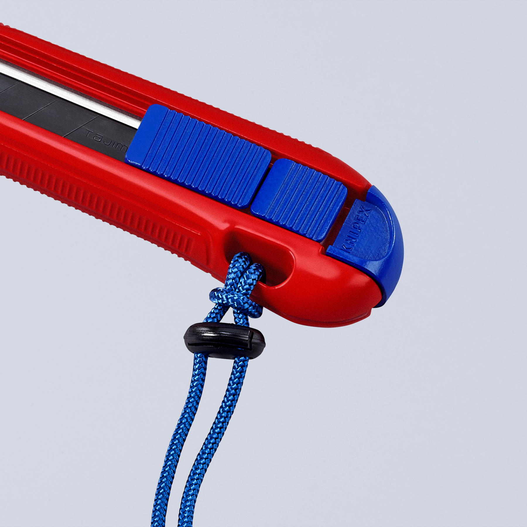 Rotes und blaues Universalmesser mit blauem Kabel. Das Messer hat den Markennamen KNIPEX.