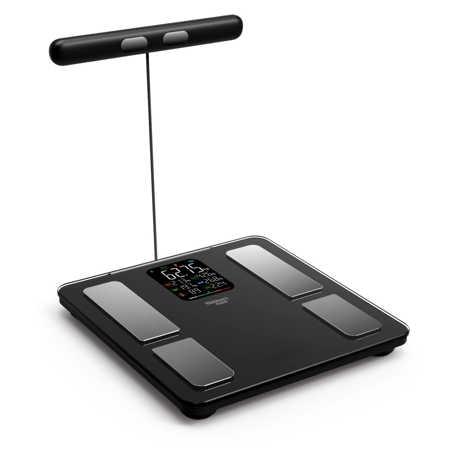 Báscula digital negra con cuatro almohadillas metálicas, pantalla con peso y un asa negra conectada a la parte superior.
