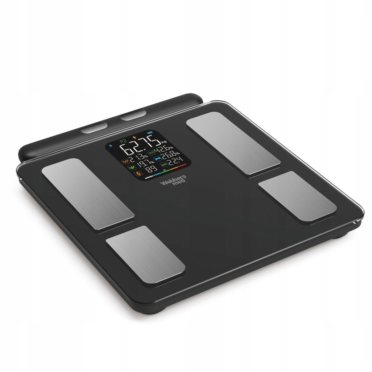 Una báscula digital muestra el peso (62,75 kg) y métricas de composición corporal. Es negra con almohadillas plateadas y una pantalla.