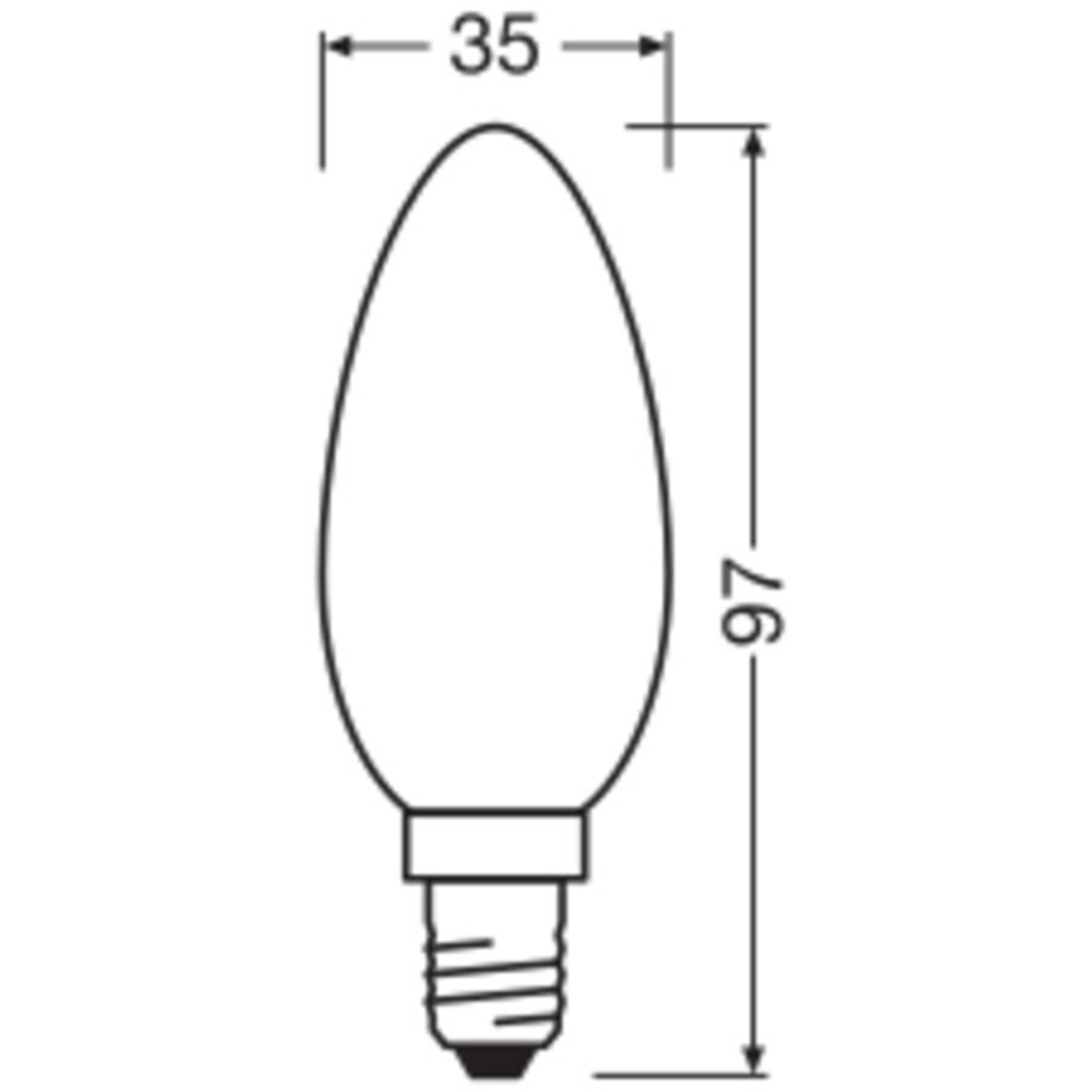 Schema di una lampadina. È alta 97 mm e larga 35 mm. La lampadina ha le dimensioni indicate nell'immagine.