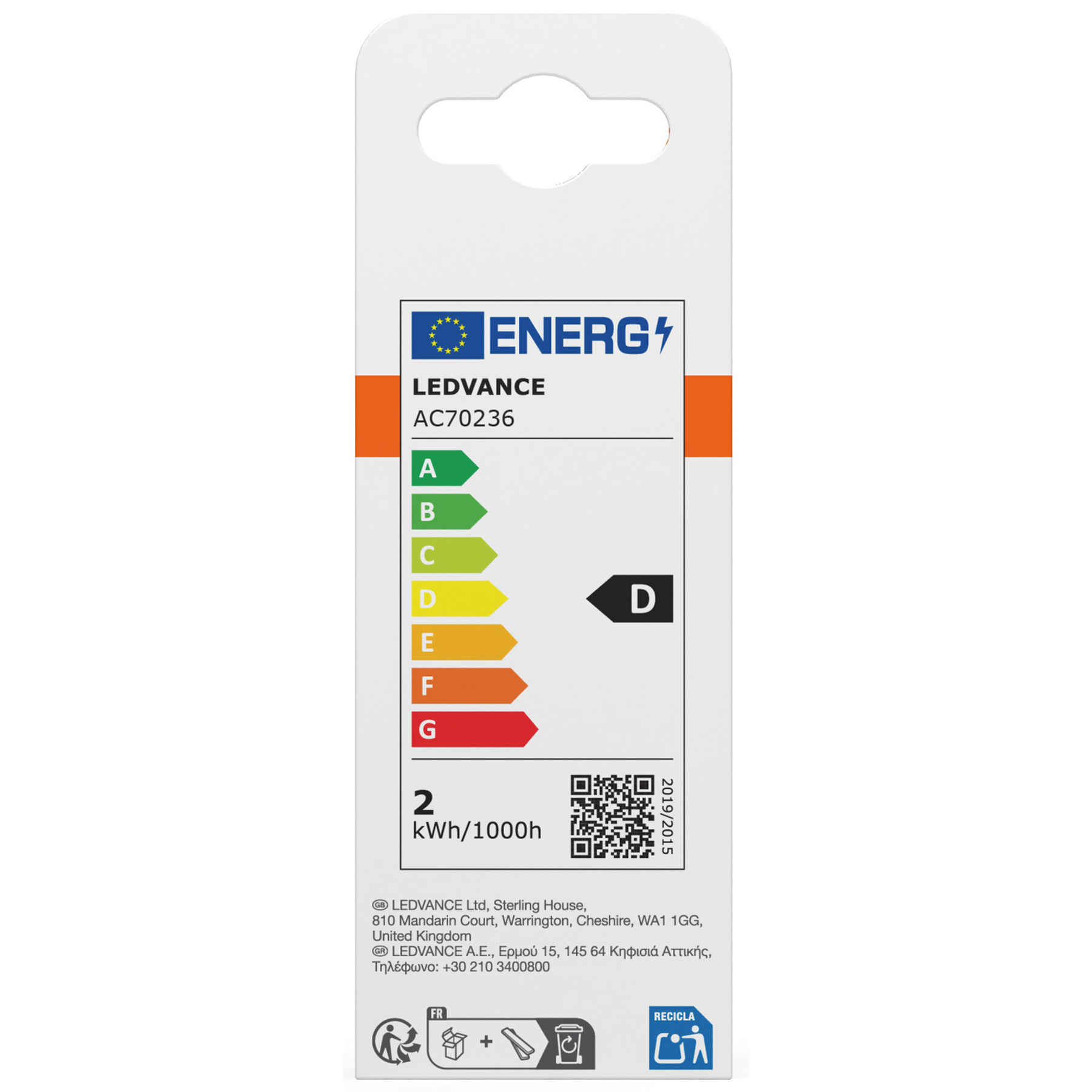 Weißes Etikett mit Energieeffizienzklassen. LEDVANCE-Logo, Modell AC70236, Energieklasse D und weitere Details werden angezeigt.