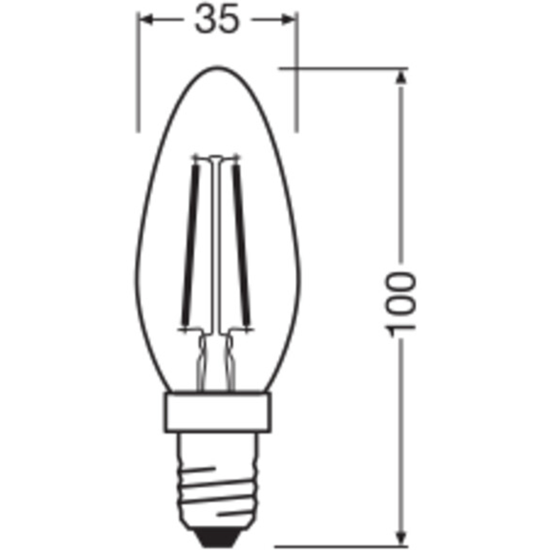 Diagramm einer Glühbirne mit Abmessungen. Sie ist 35 mm breit und 100 mm lang. Inklusive Sockel und Innenfäden.