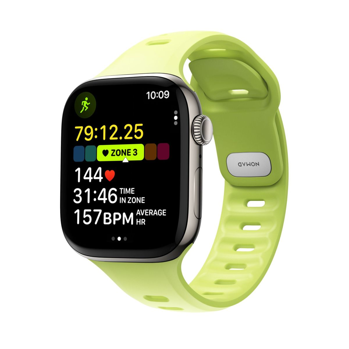 Uno smartwatch verde mostra i dati dell'allenamento: tempo, frequenza cardiaca e zona. L'orologio ha un cinturino verde e una cassa argentata, con 'NOMAD' sul cinturino.