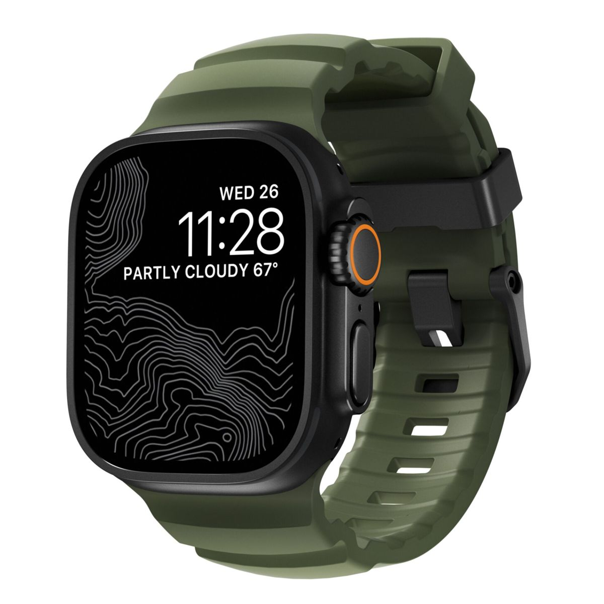 Un reloj inteligente verde muestra 11:28, parcialmente nublado 67°. Tiene una caja y correa negras. El reloj muestra un diseño similar a un mapa.