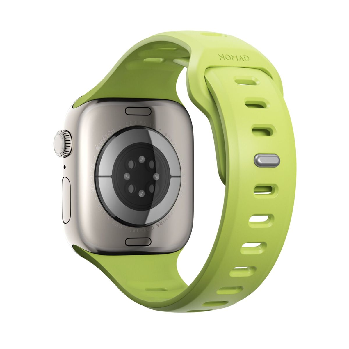Apple Watch argentato con cinturino verde. Il cinturino ha la scritta NOMAD. L'orologio mostra il retro con sensori e la corona.
