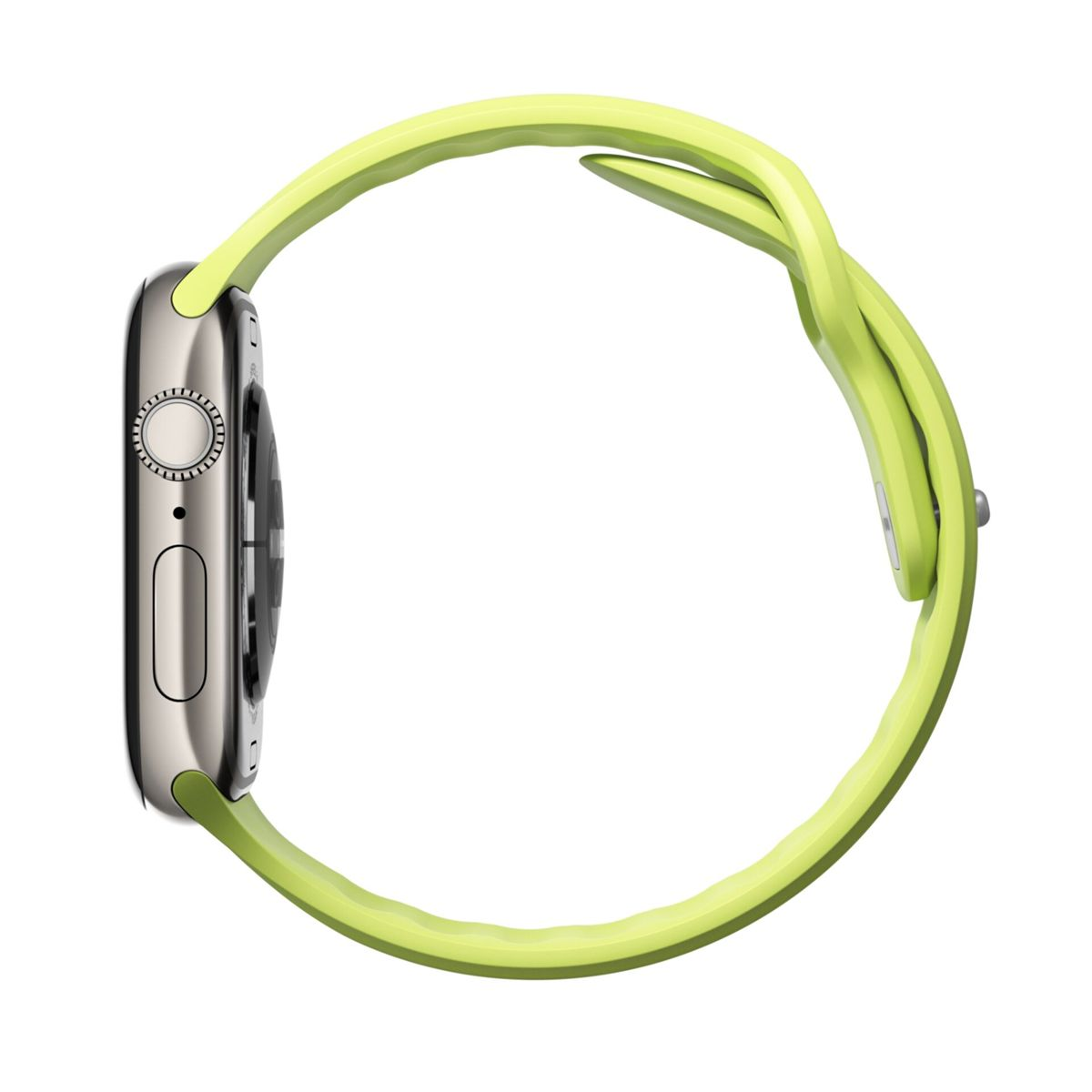Vista laterale di uno smartwatch con cassa argentata e cinturino verde lime, su sfondo bianco.