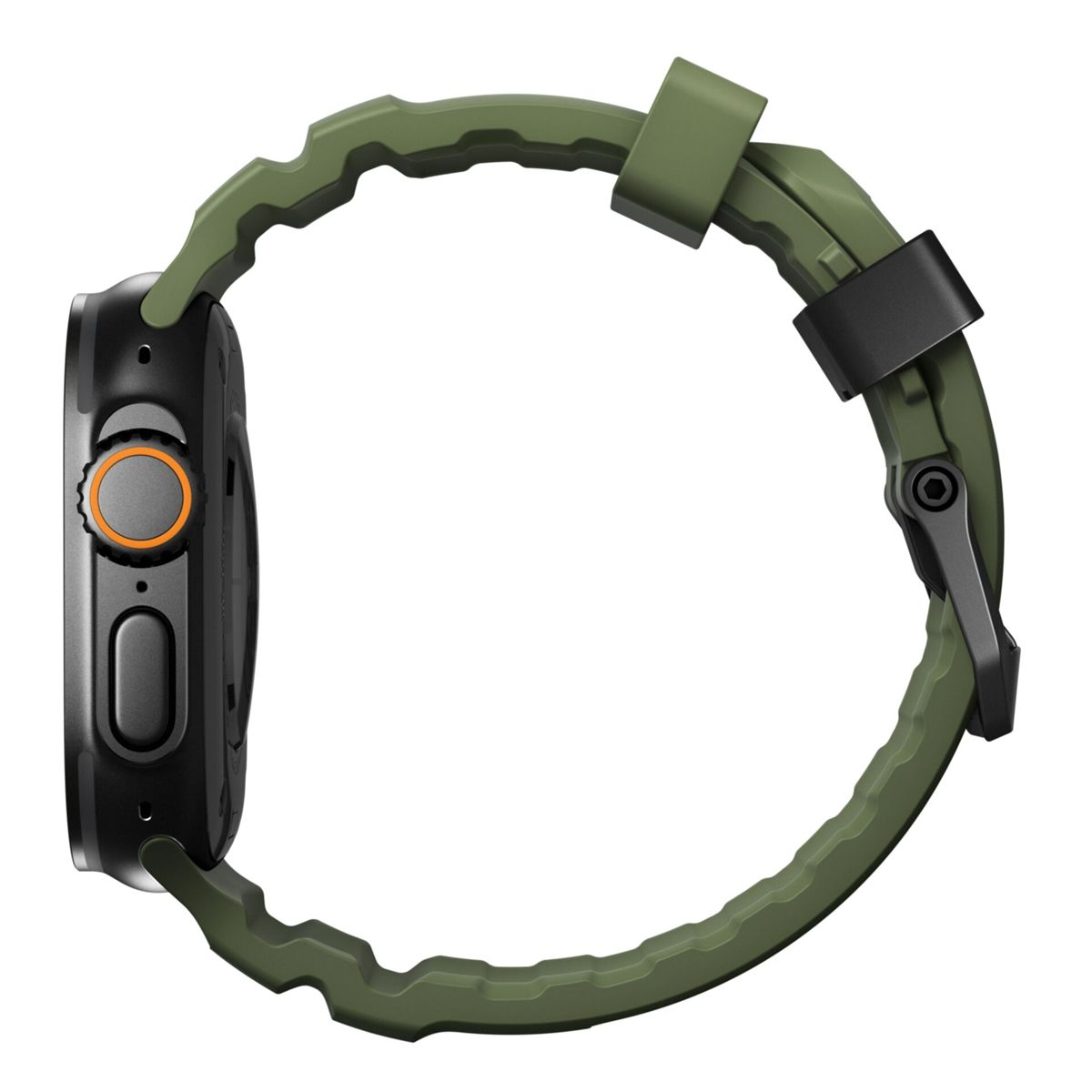 Vista lateral de un reloj inteligente negro con correa verde. El reloj tiene esfera naranja y hebilla negra.