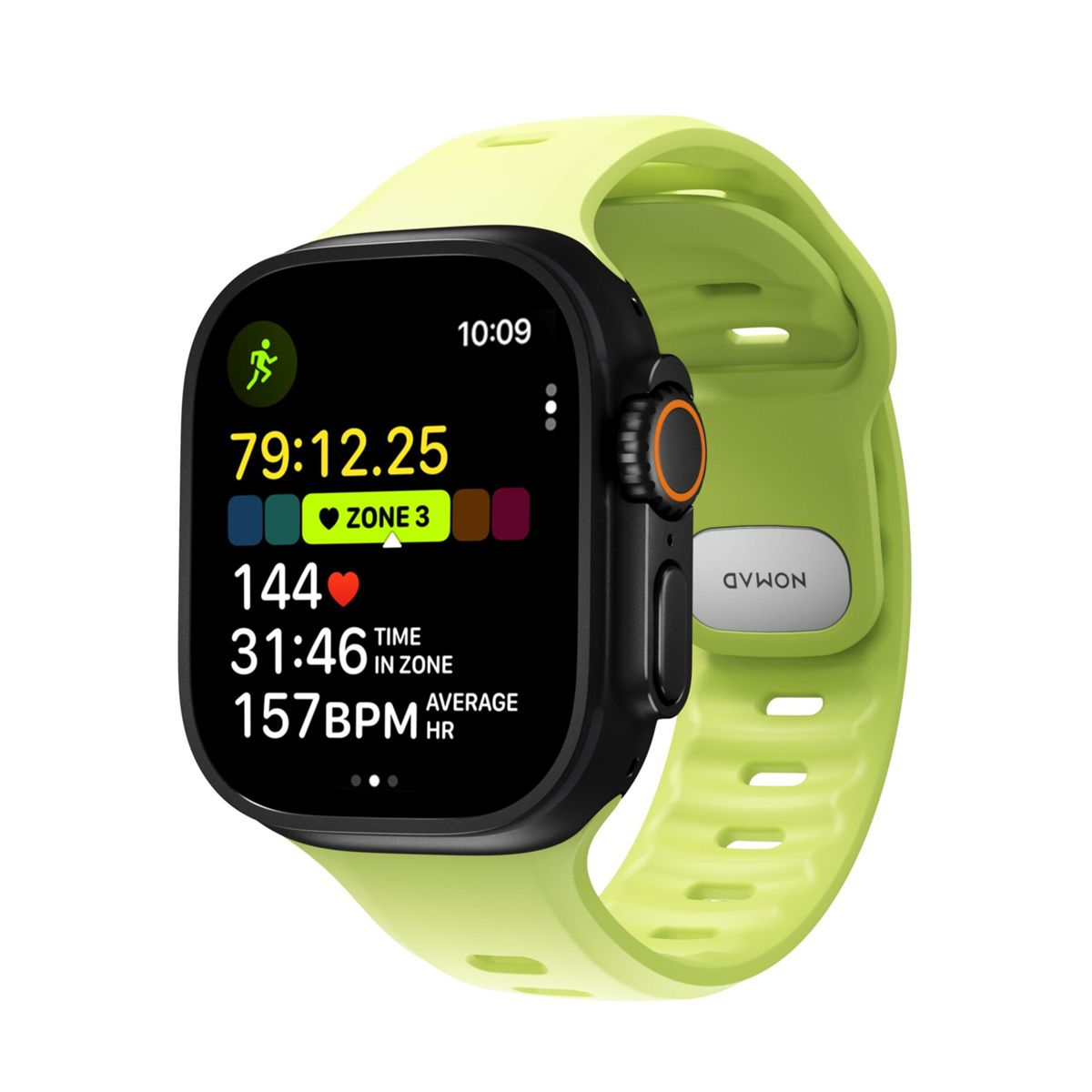 Eine grüne Smartwatch zeigt Trainingsdaten an: Zeit, Herzfrequenz und Zone. Die Uhr hat ein grünes Armband.