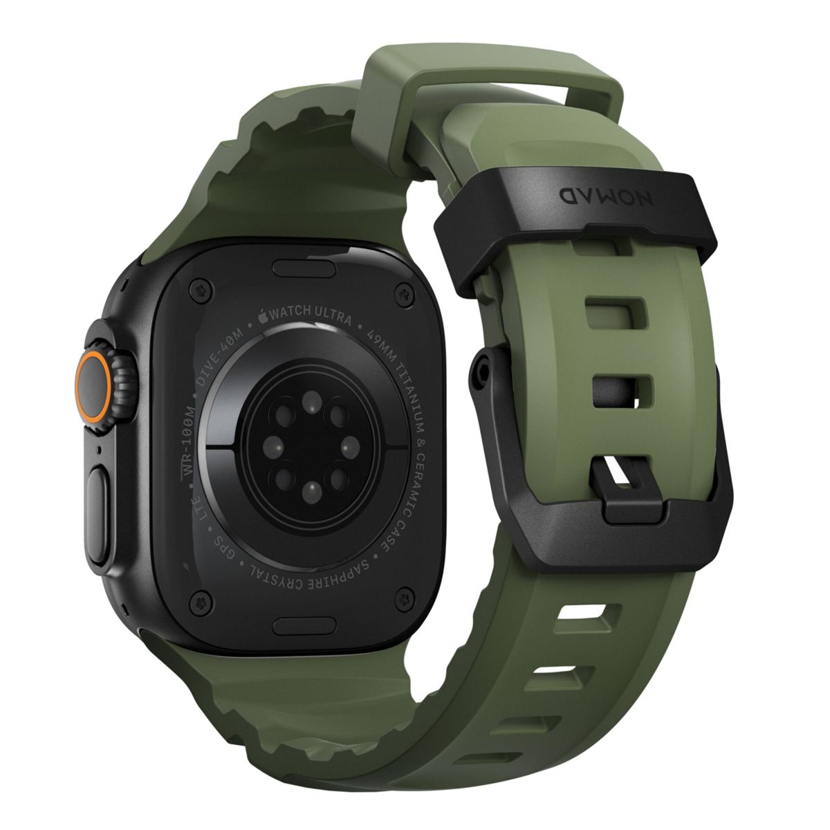 Primer plano de un Apple Watch Ultra negro con correa verde. Detalles incluyen 'Watch Ultra', '49mm Titanium' y 'Nomad' en la correa.