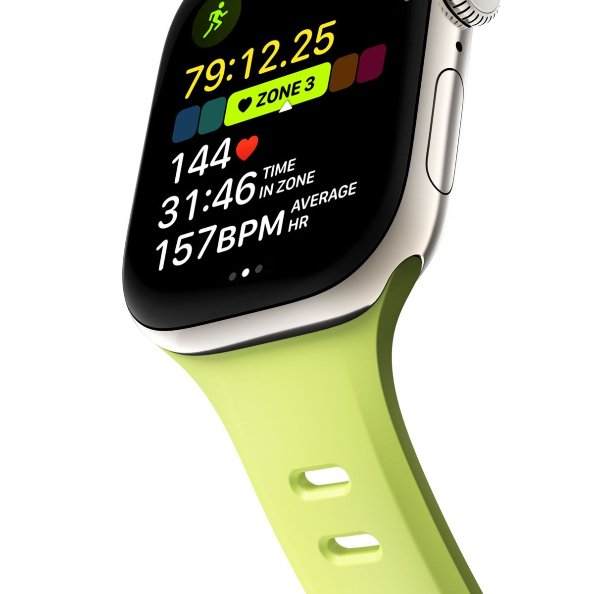 Primo piano di uno smartwatch che mostra i dati dell'allenamento. L'orologio ha un cinturino verde. Lo schermo mostra tempo, frequenza cardiaca e zone.