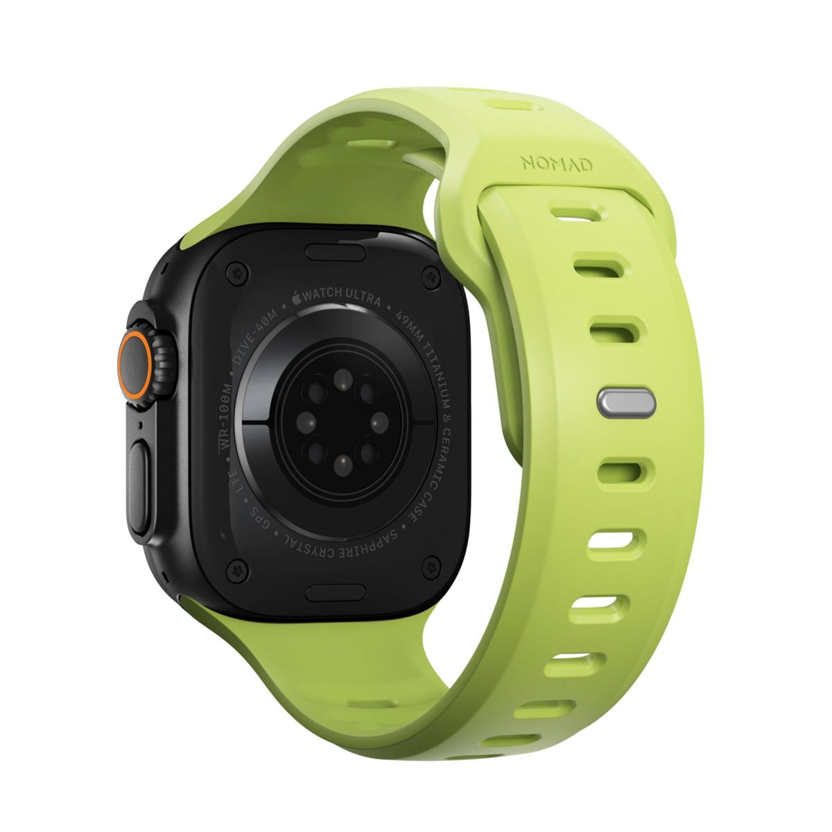Eine Apple Watch Ultra mit hellgrünem Armband wird gezeigt. Das Zifferblatt ist schwarz mit Text. Das Armband hat mehrere Löcher und das Wort NOMAD.