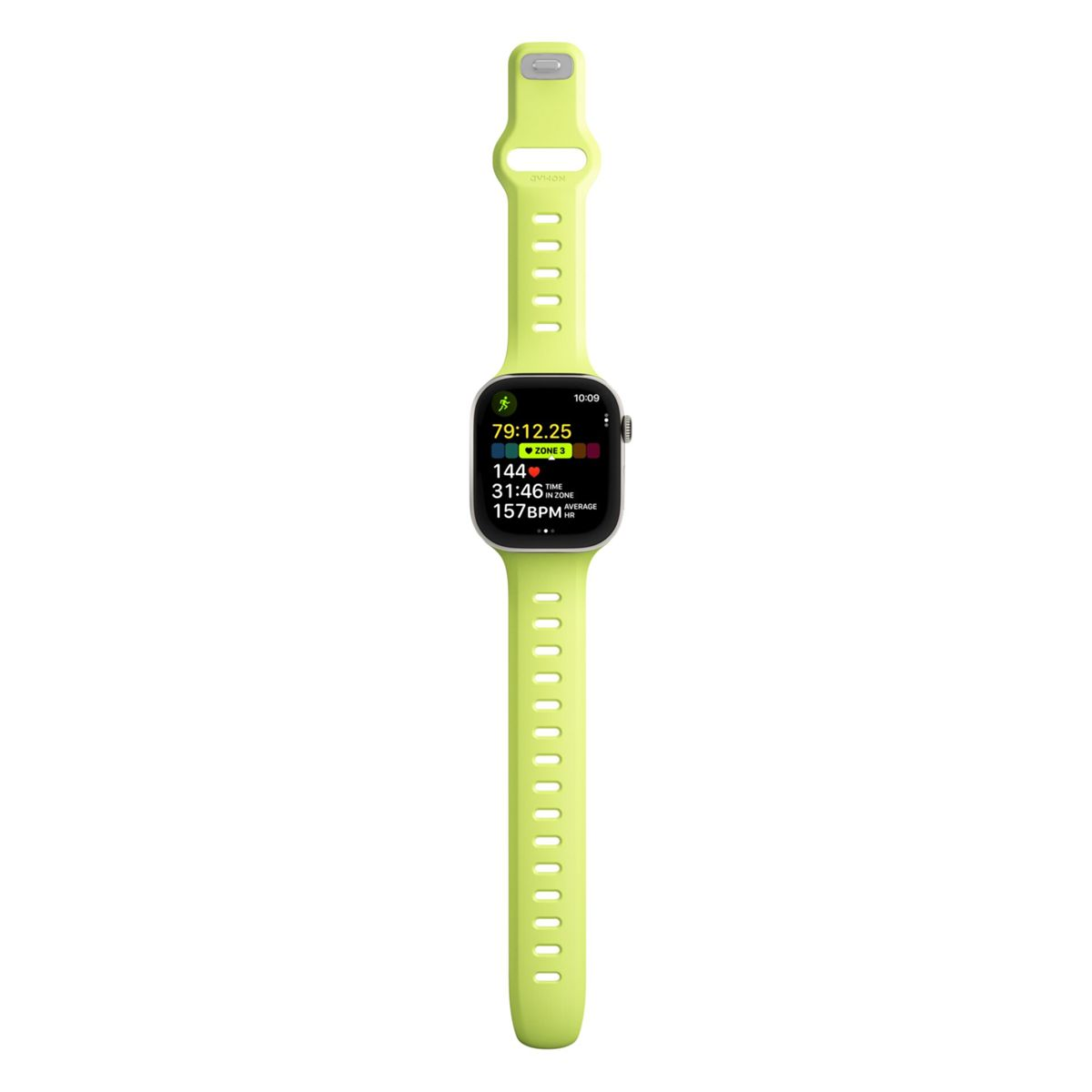 Uno smartwatch verde lime mostra le metriche di allenamento. Ha un cinturino abbinato e uno schermo nero. L'ora è 10:09.