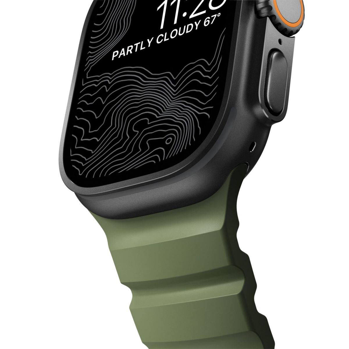 Primer plano de un reloj inteligente. La pantalla muestra un mapa topográfico e información meteorológica. Correa verde y caja negra visibles.