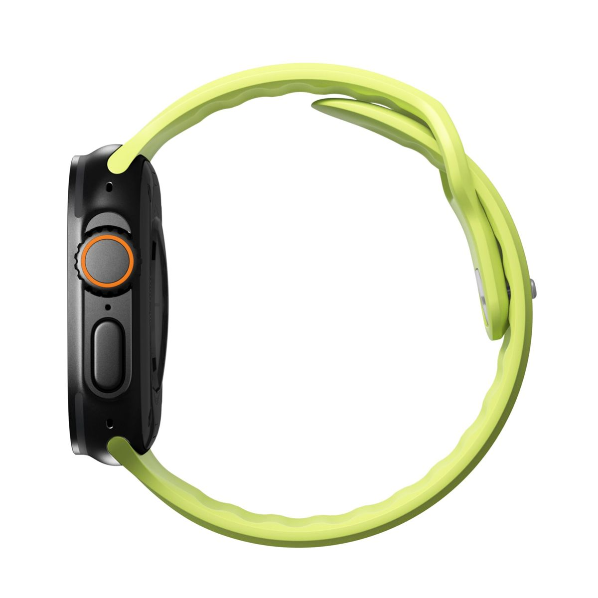 Schwarze Smartwatch mit hellgrünem Armband. Die Seite zeigt eine Taste und ein Zifferblatt. Isoliert auf weißem Hintergrund.