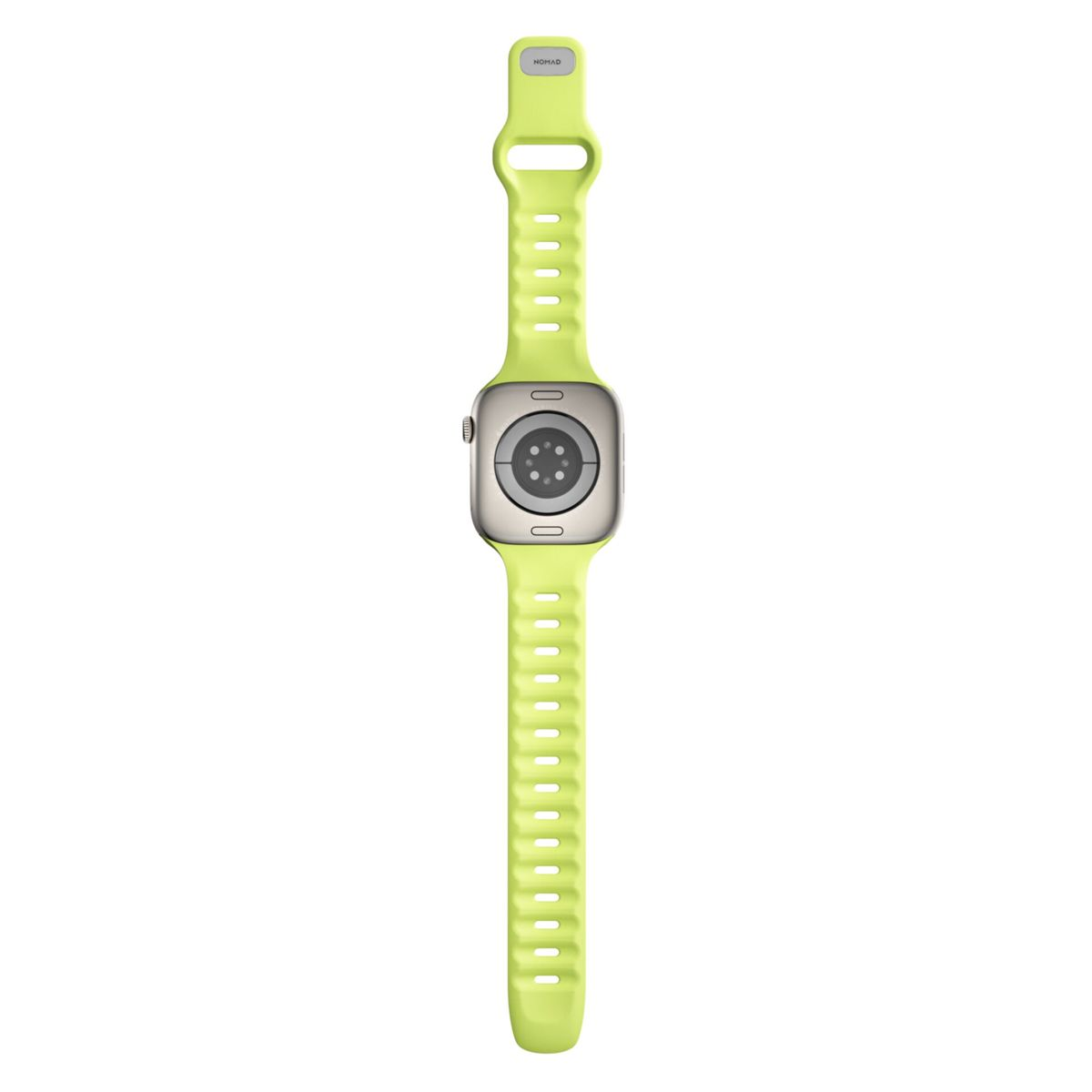 Apple Watch con cinturino verde chiaro. Il quadrante è argentato. Il cinturino è marchiato Nomad.