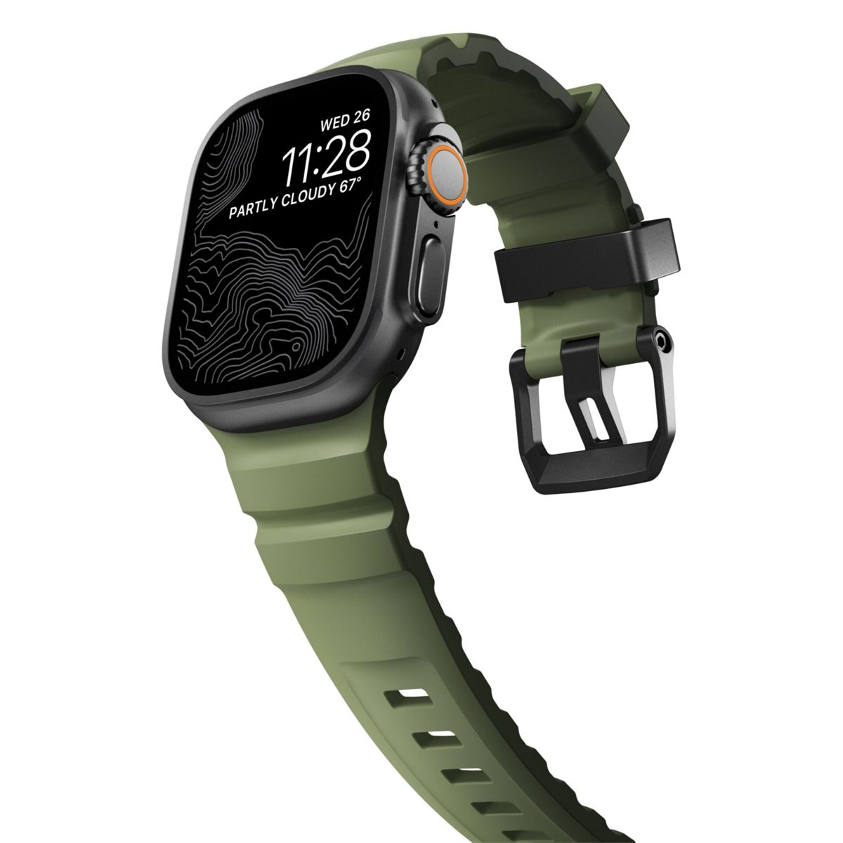 Un reloj inteligente verde muestra la fecha y la hora. Tiene una correa verde con hebilla negra. El reloj está en ángulo.