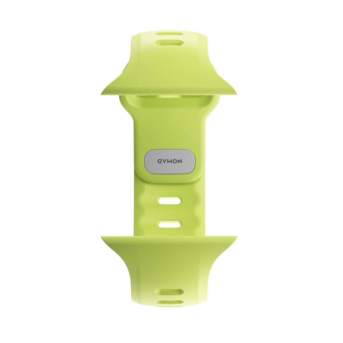 Un componente di cinturino verde lime con la parola "NOMAD" e multiple fessure orizzontali. La forma è a clessidra.