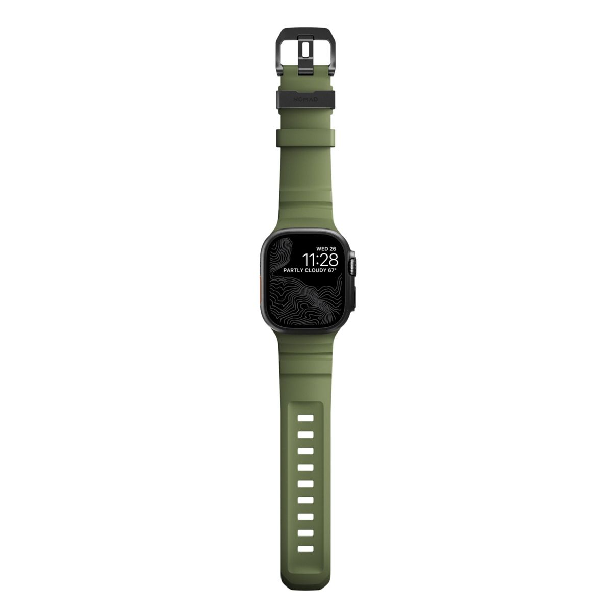 Un reloj inteligente verde oliva sobre fondo blanco. El reloj muestra la hora, la fecha y el clima.