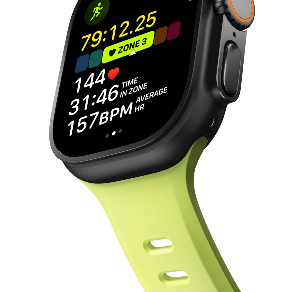 Nahaufnahme einer Smartwatch mit Trainingsdaten: Zeit, Herzfrequenz und Zone. Sie hat ein schwarzes Gehäuse und ein grünes Armband.
