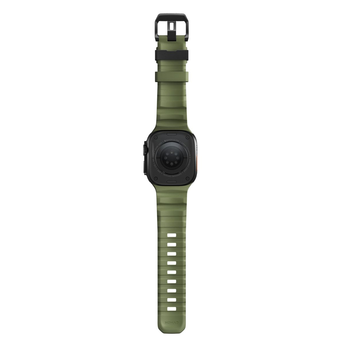 Un Apple Watch verde oliva con caja y correa negras. El reloj se ve desde atrás, mostrando el sensor y los detalles de la correa.