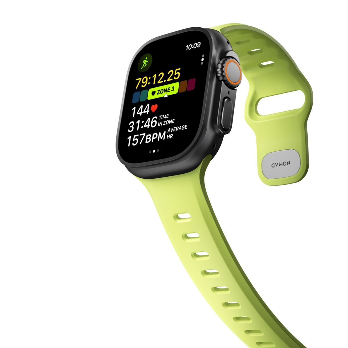 Nahaufnahme einer Smartwatch mit hellgrünem Armband. Der Bildschirm zeigt Trainingsdaten wie Zeit, Herzfrequenz und Zoneninformationen.