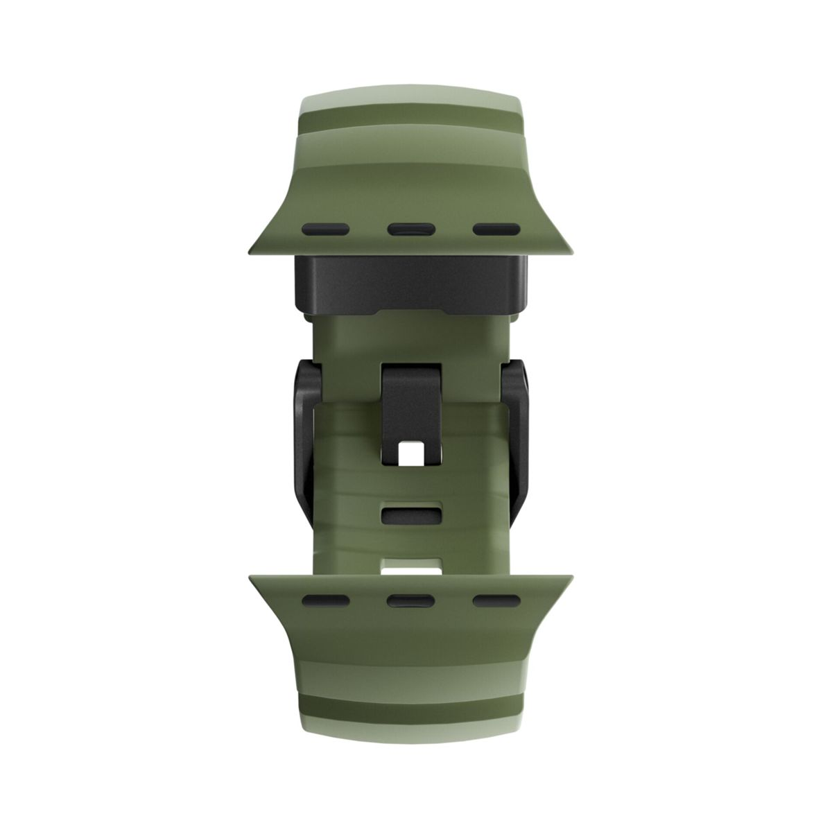 Una correa de reloj verde oliva. Tiene un cierre negro y está diseñada para fijarse a un reloj. El fondo es blanco.