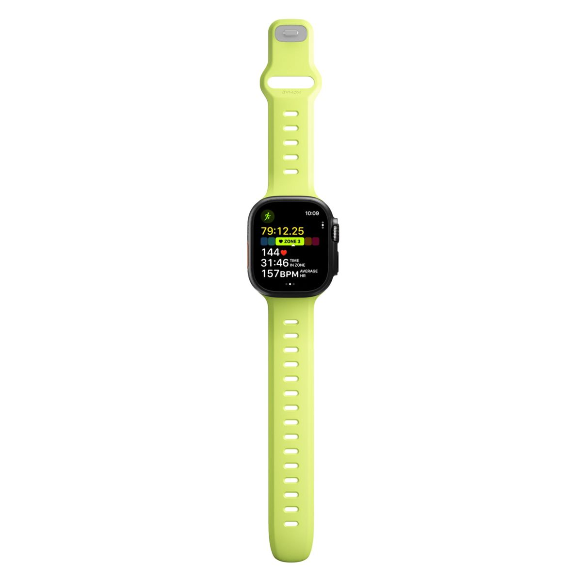 Eine limettengrüne Smartwatch mit schwarzem Bildschirm, der Trainingsdaten anzeigt. Das Uhrenarmband ist ebenfalls limettengrün, mit mehreren Löchern.