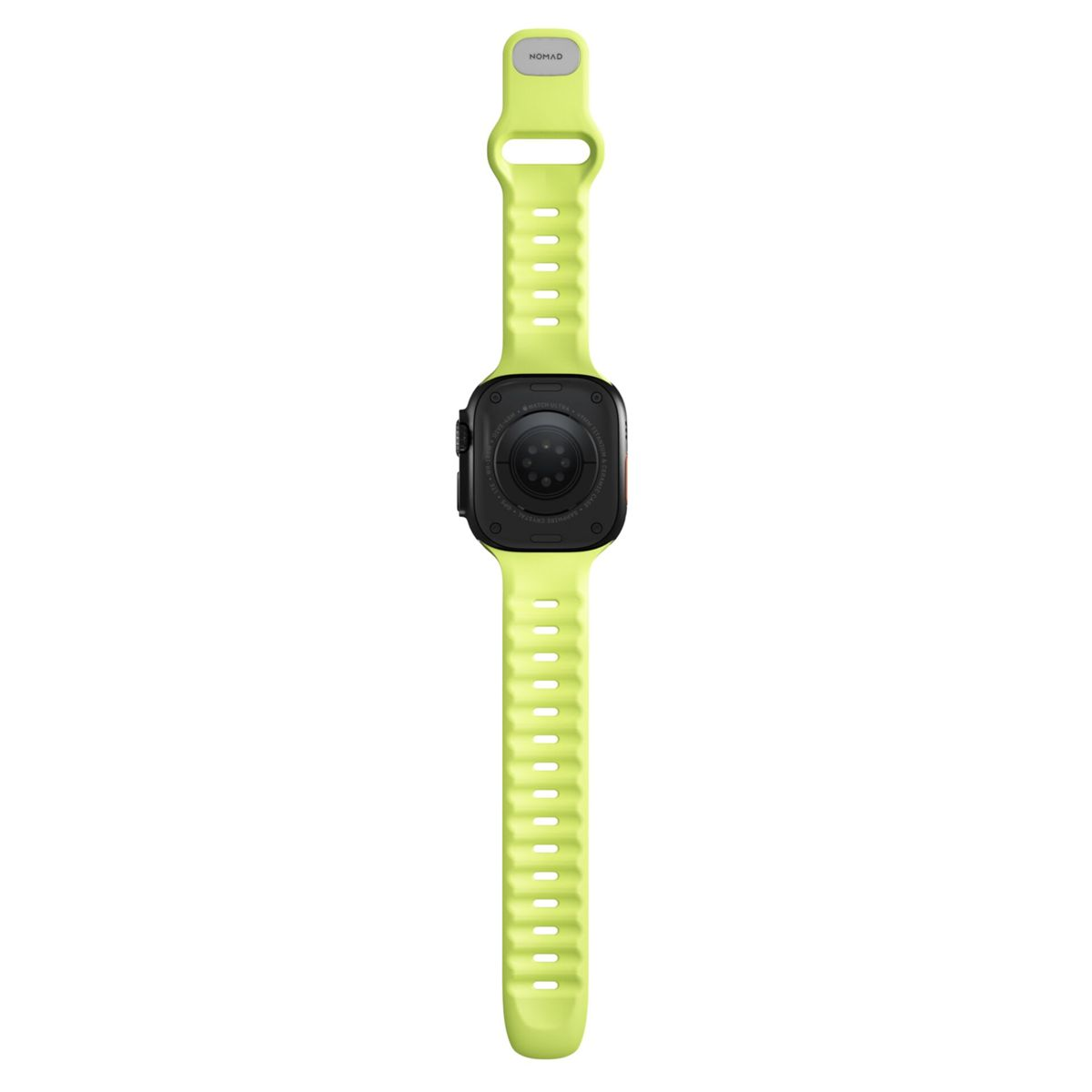 Apple Watch Ultra mit hellgrünem Armband, Rückansicht. Die Uhr ist schwarz. Auf dem Armband steht 'NOMAD' auf dem oberen Teil.