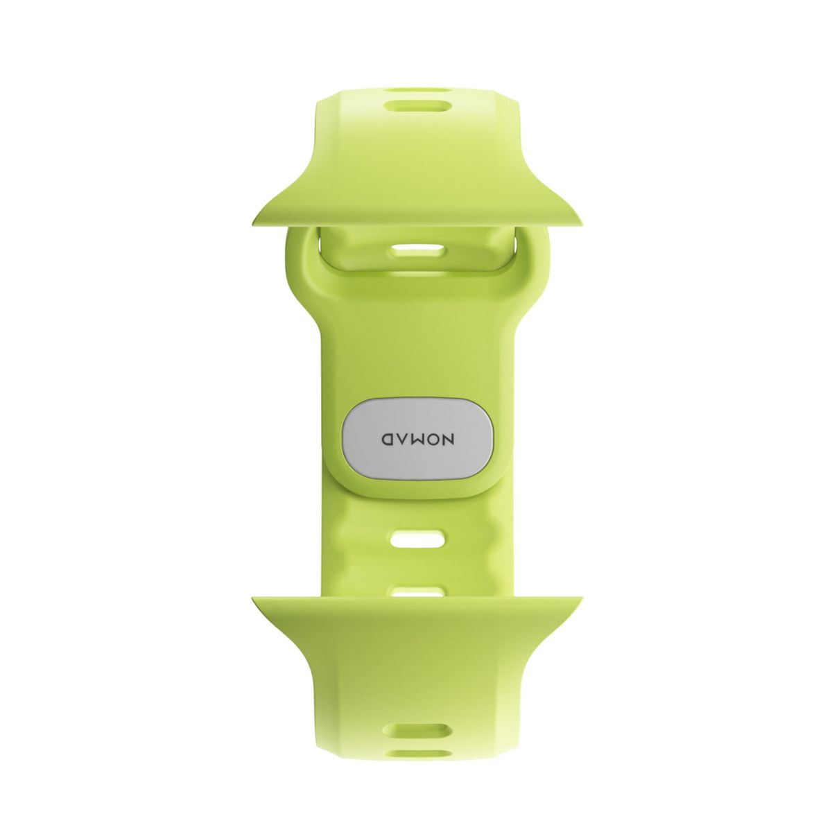 Ein limettengrüner Uhrenarmbandadapter. Er hat eine abgerundete rechteckige Mitte mit dem Wort 'NOMAD' und zwei Seitenteilen.