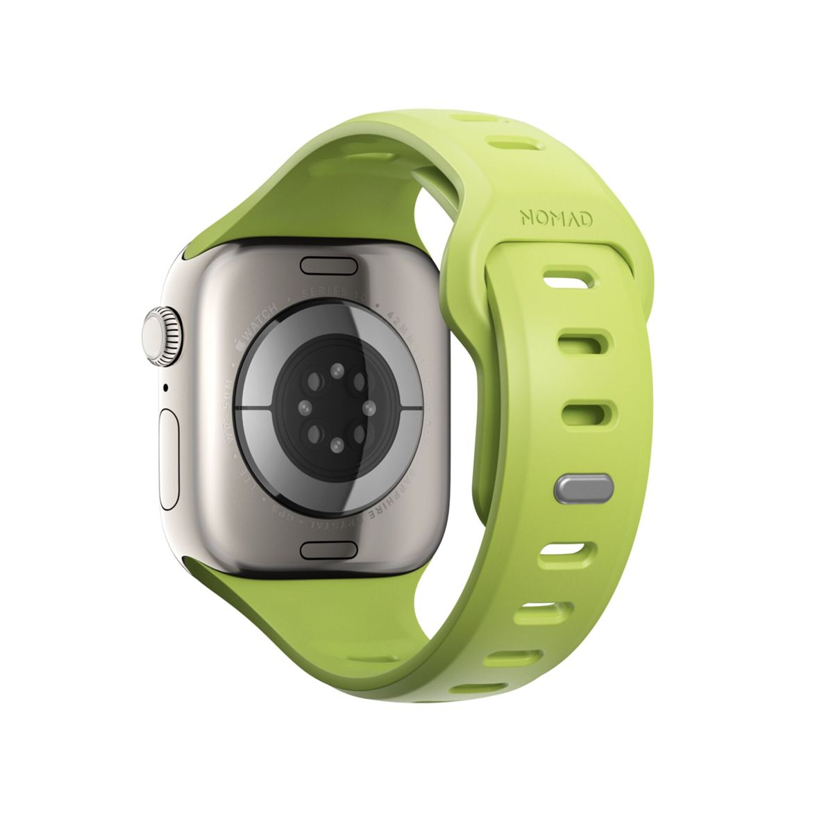 Apple Watch argento con cinturino Nomad verde chiaro, su sfondo bianco. L'orologio ha una corona digitale e un sensore.