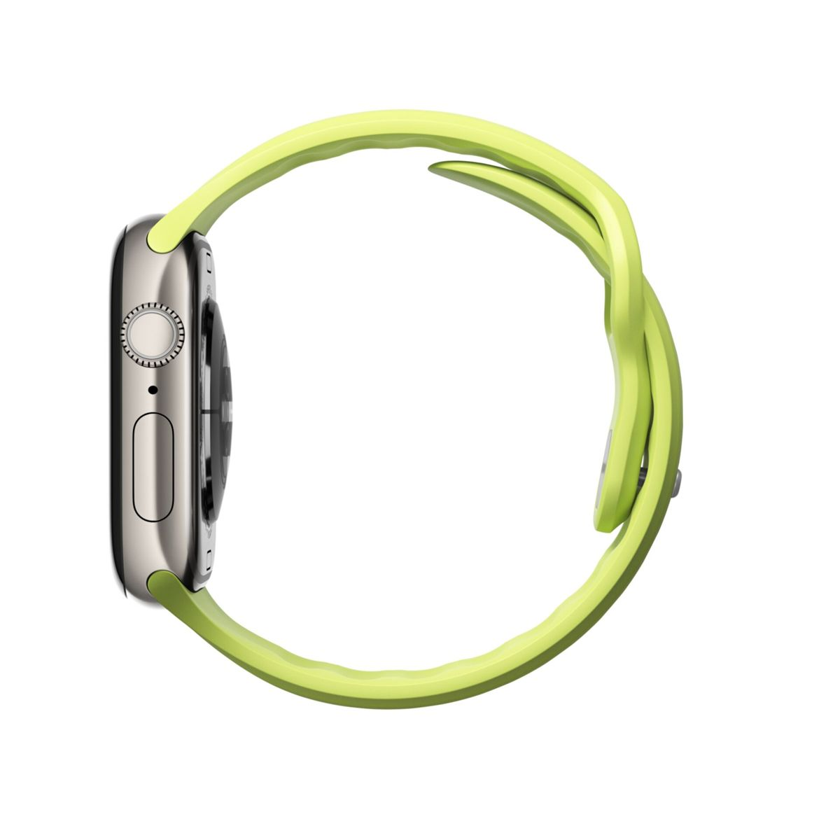 Vista laterale di uno smartwatch con cassa argentata e cinturino verde chiaro. L'orologio è su sfondo bianco.