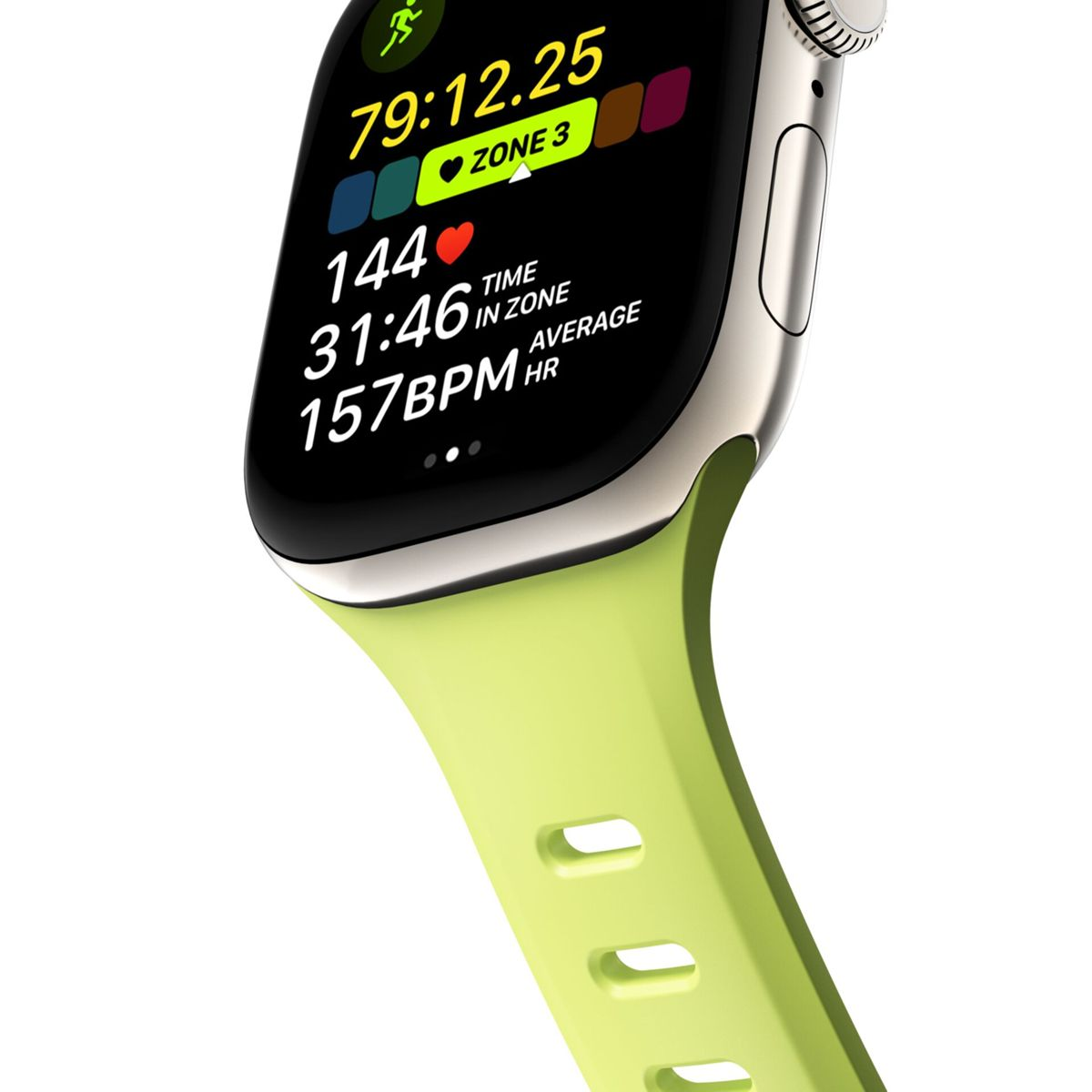 Primo piano di uno smartwatch con cinturino verde. Lo schermo mostra i dati dell'allenamento, tra cui tempo, frequenza cardiaca e informazioni sulla zona.