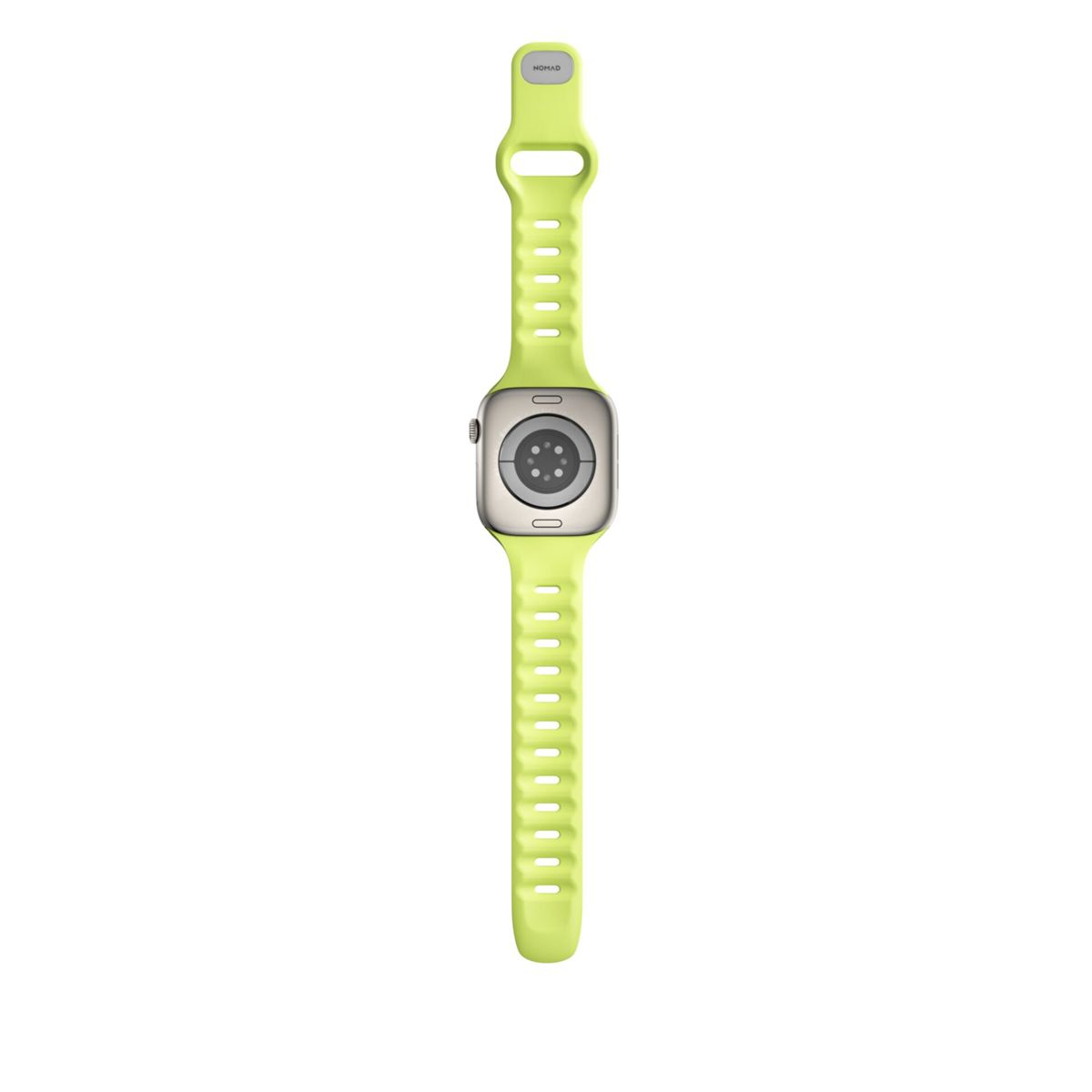Un Apple Watch con cinturino verde lime. Il quadrante è argentato e il cinturino ha un'etichetta NOMAD. Isolato su sfondo bianco.
