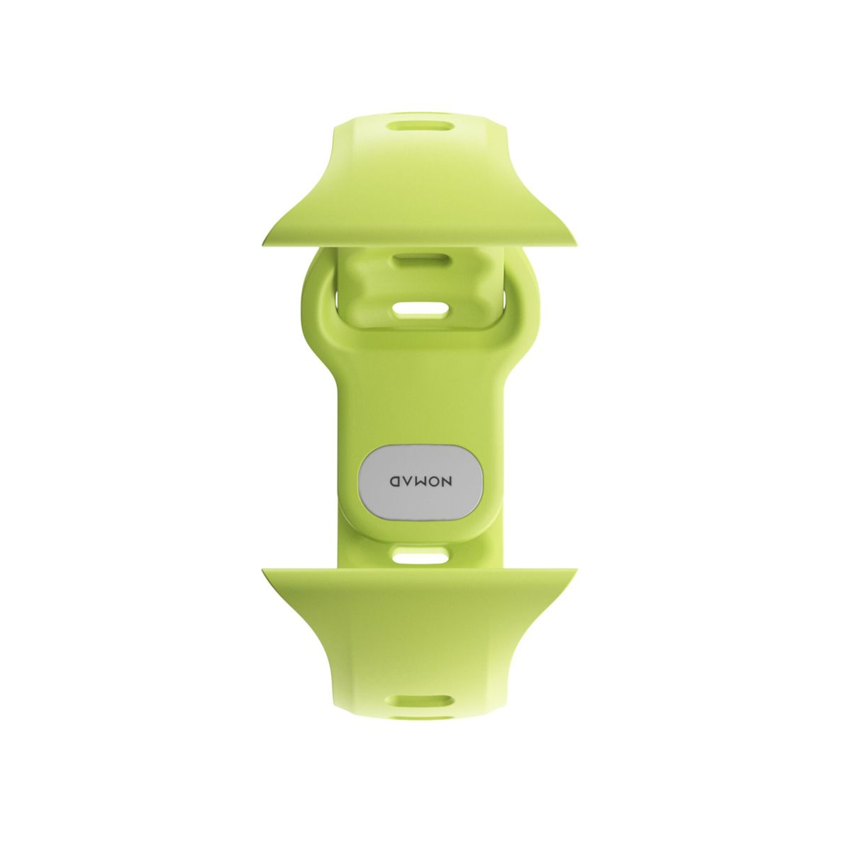 Un adattatore per cinturino verde lime su sfondo bianco. Ha il marchio NOMAD.