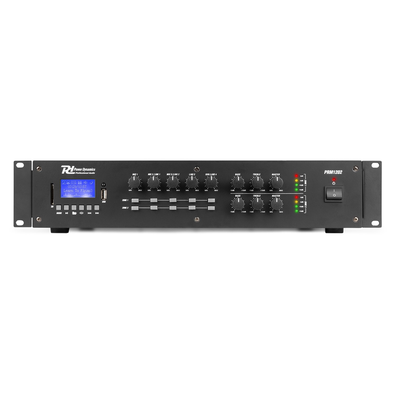 Un mezclador de audio negro con perillas, botones y una pantalla. El texto dice 'Power Dynamics' y 'PRM1202'. La pantalla muestra detalles de audio.