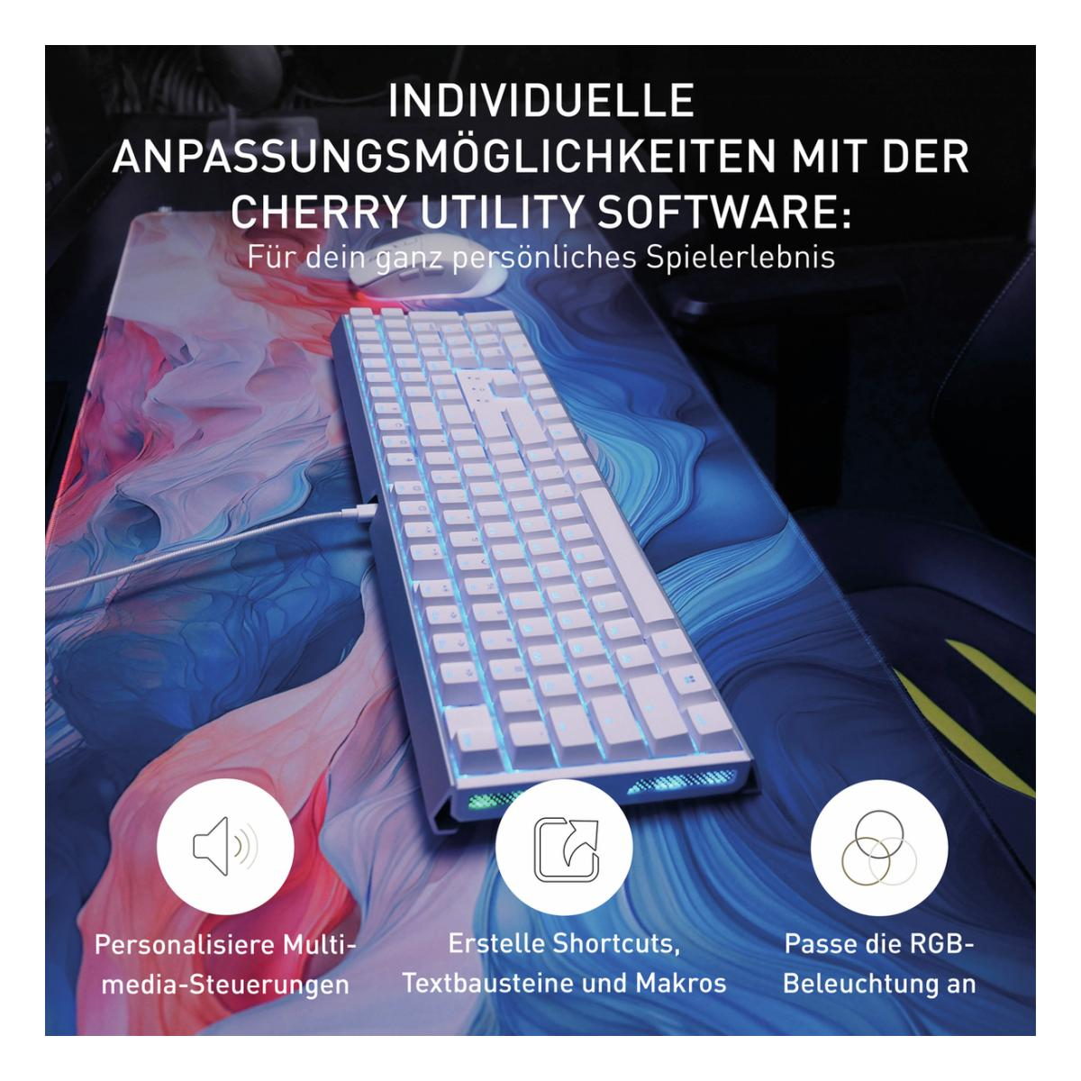 Biała klawiatura na wzorzystej podkładce pod mysz. Tekst powyżej opisuje funkcje oprogramowania. Ikony pokazują sterowanie multimediami, skróty i oświetlenie RGB.