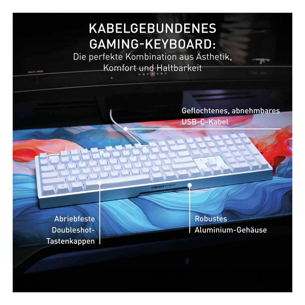 Biała klawiatura do gier z niebieskim podświetleniem klawiszy, odłączanym kablem USB-C i aluminiową obudową.