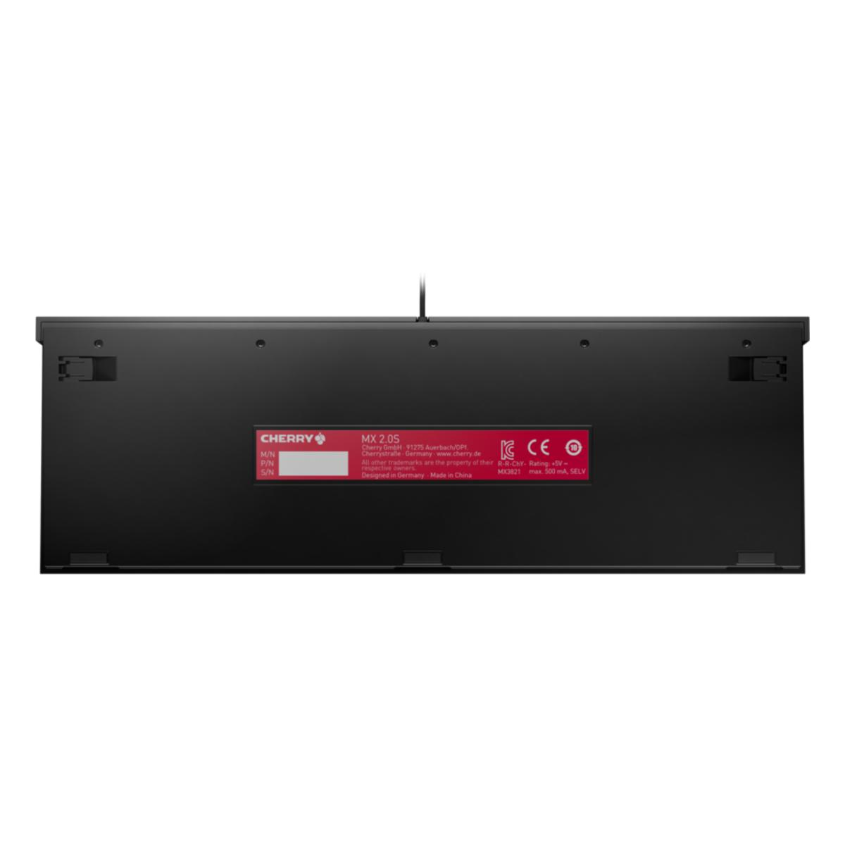 Czarna klawiatura Cherry MX 2.0S. Widoczna jest spodnia strona, z czerwoną etykietą z danymi technicznymi i znakami certyfikacji.