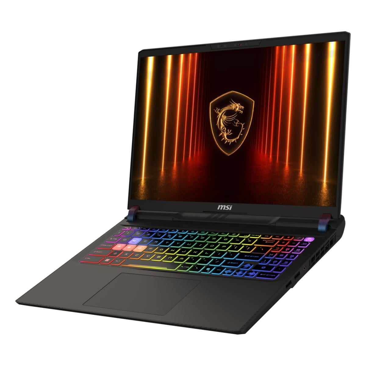 Schwarzer MSI-Laptop, geöffnet. Der Bildschirm zeigt ein Drachenlogo mit orangefarbenen und gelben Lichtern. Die Tastatur hat mehrfarbige Lichter.