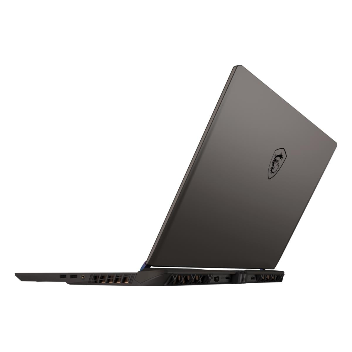 Ein dunkelgrauer Laptop ist geöffnet und zeigt die Rückseite mit dem MSI-Logo. Der Laptop befindet sich vor weißem Hintergrund.