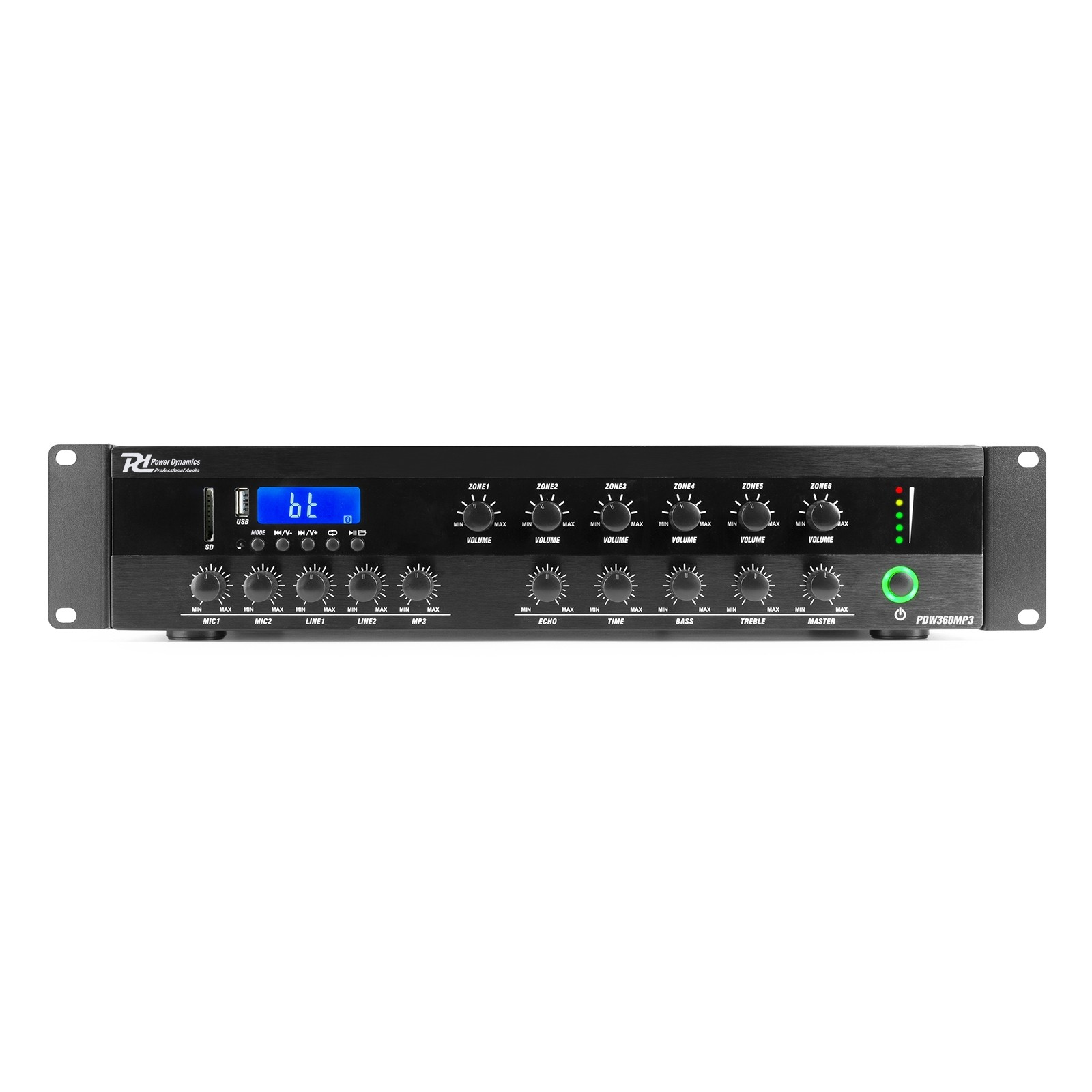 Mezclador de audio negro con perillas, botones y pantalla. Tiene controles de volumen y un indicador de Bluetooth.