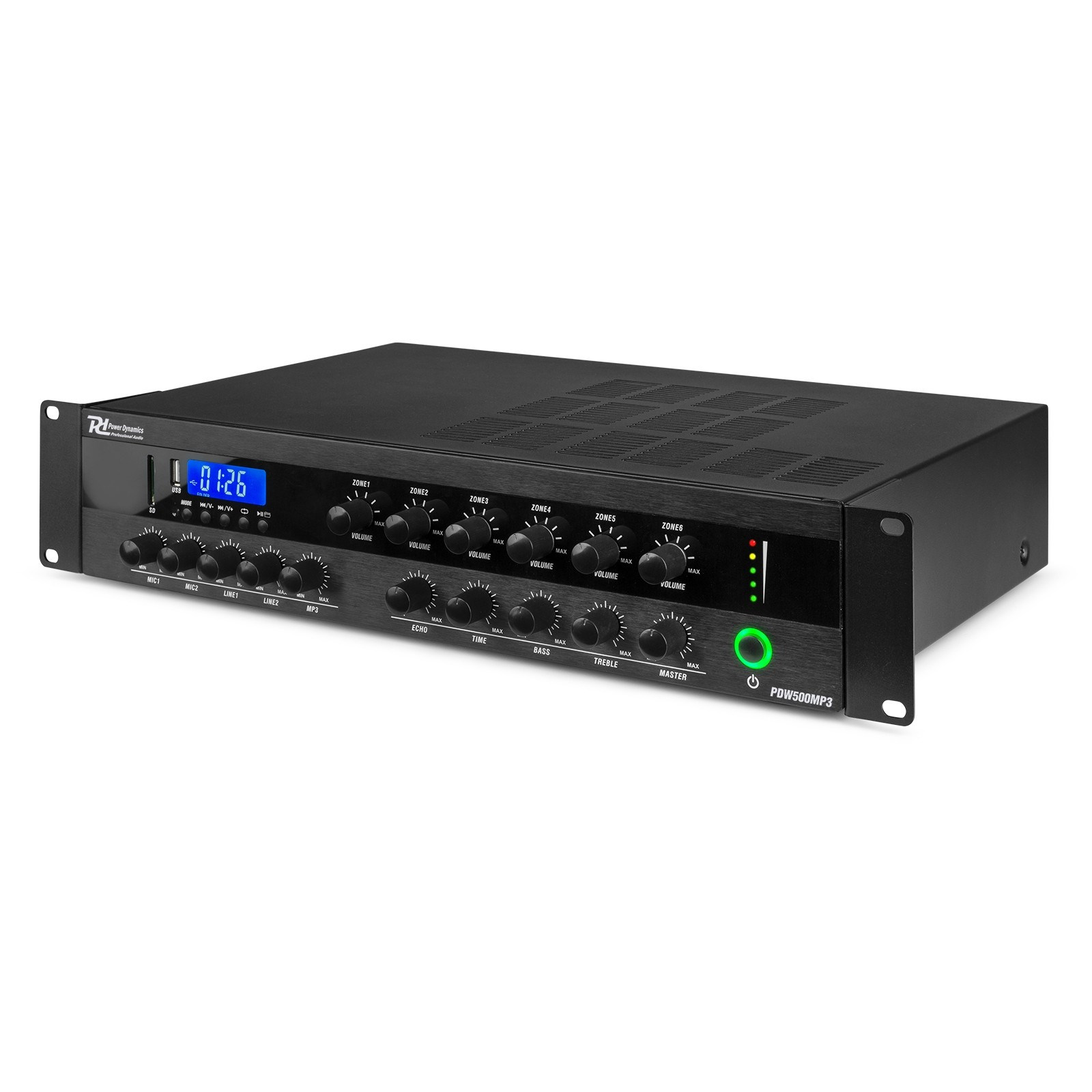 Un mezclador de audio negro con perillas, botones y una pantalla digital. Tiene la marca Power Dynamics.
