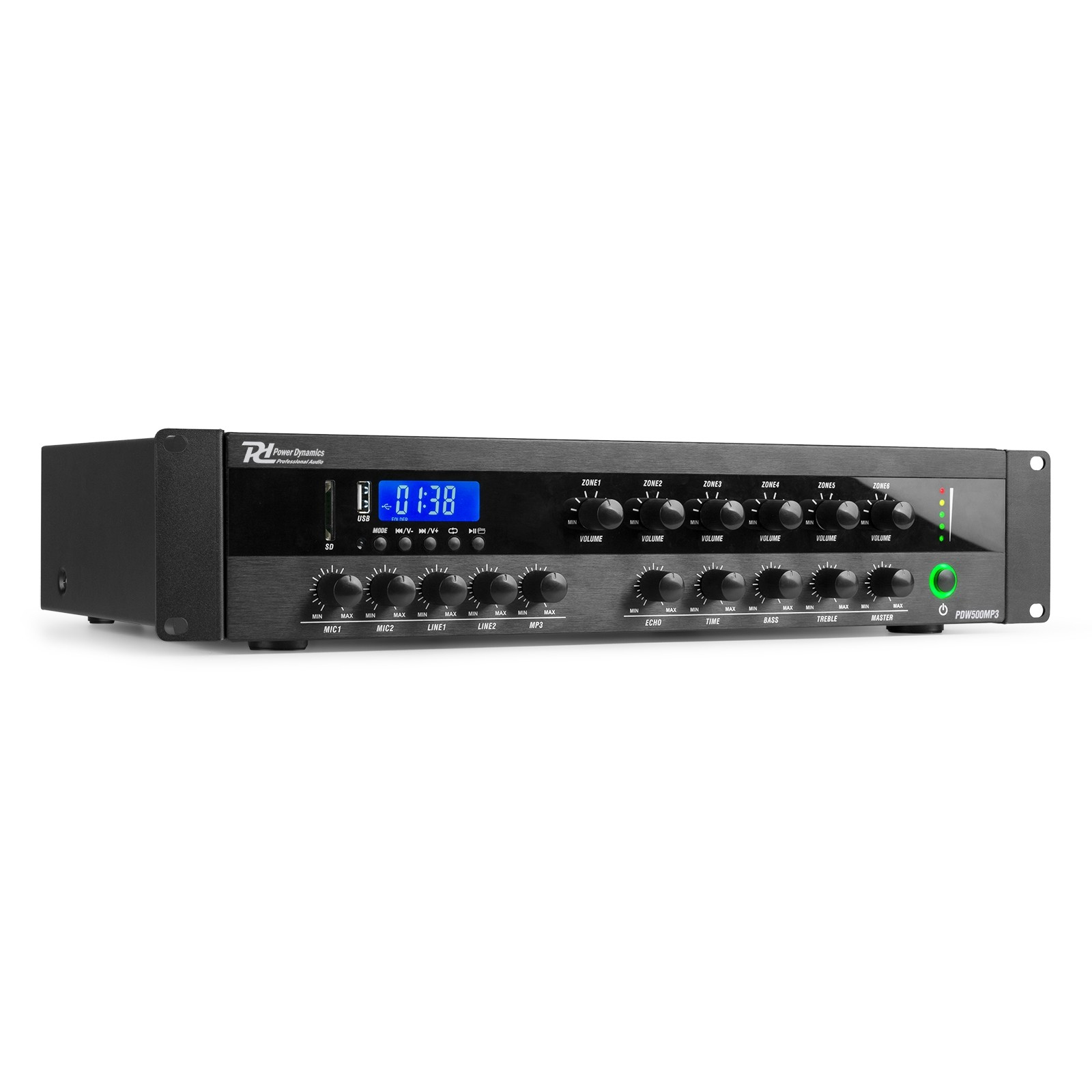 Mezclador de audio negro con perillas y botones. La pantalla digital muestra la hora. El botón de encendido es verde.